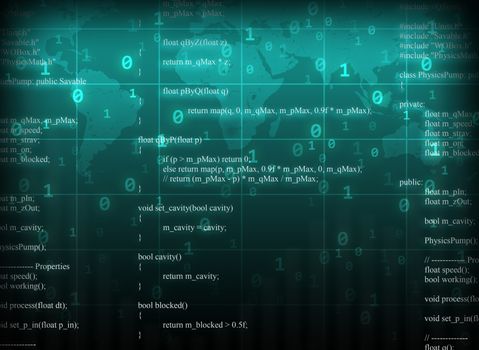 Green abstract background with world map and matrix