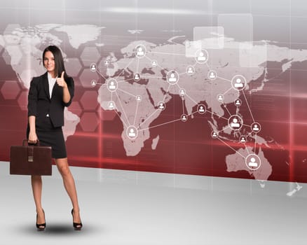 Businesswoman with suitcase showing ok on abstract red background with world map