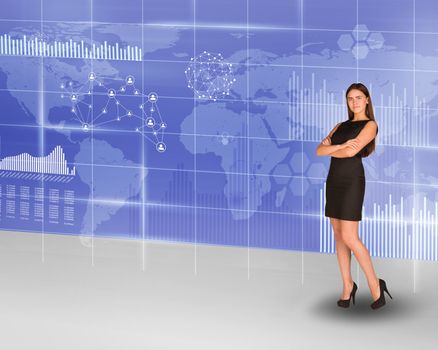 Businesswoman with crossed arms looking at camera on abstract background with world map and graphs