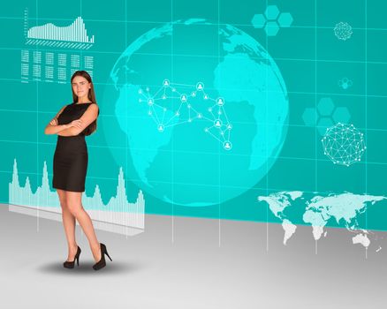 Businesswoman with crossed arms looking at camera on abstract background with world map and Earth. Elements of this image furnished by NASA