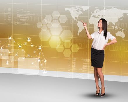 Businesslady pointing at map on abstract colorful background with world map