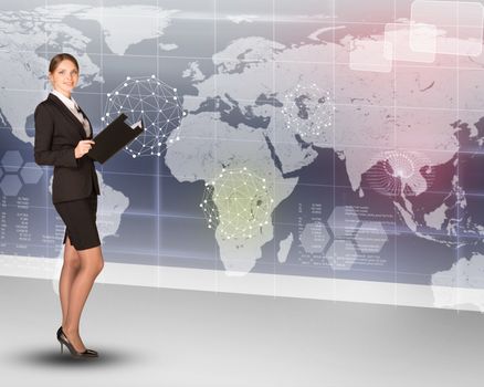 Businesswoman with folder and pen looking at camera on abstract background with world map