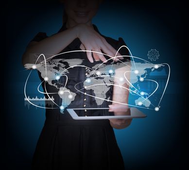 Businesswoman with tablet and 3d world map on abstract blue background