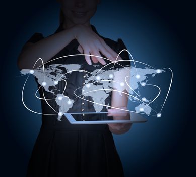 Businesslady with tablet and 3d world map on abstract blue background