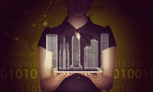 Businesslady holding tablet and 3d city model on abstract colorful background