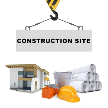Building crane with house and bricks on isolated white background