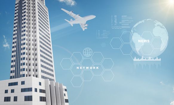 Earth with skyscraper and jet on blue sky background. Elements of this image furnished by NASA