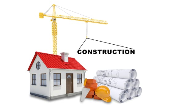 Building crane with sketches and house on isolated white background