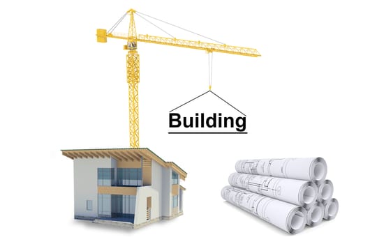 Building crane with sketches and house on isolated white background