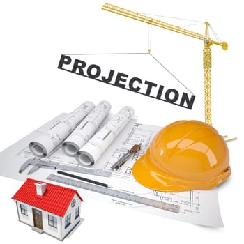 Building crane with sketches and helmet on isolated white background