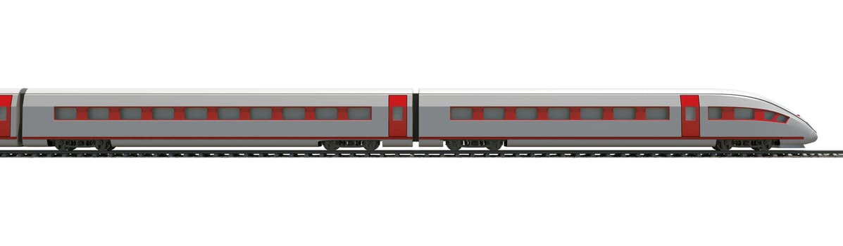 Long train with stripes on isolated white background, side view
