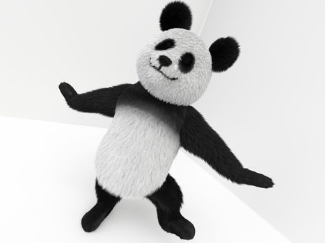 panda 3d character with hairs standing on white background in dynamic pose composition