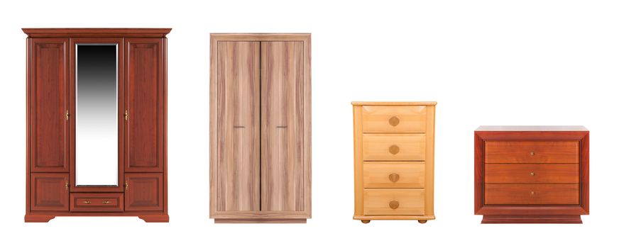 different modern wooden wardrobes on a white