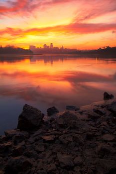 A view of Kansas City, Missouri from KAW Point over looking the Kansas and the Missouri River.  The rivers still today play a big role in the business industry.