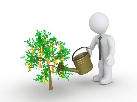 Businessman holding a watering can is about to water the plant with dollars hanging from it