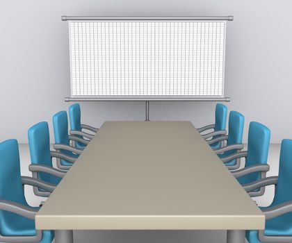 Table and empty armchairs are in front of whiteboard with grid