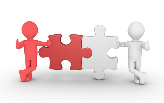 Two different persons and two puzzle pieces of different color are connected