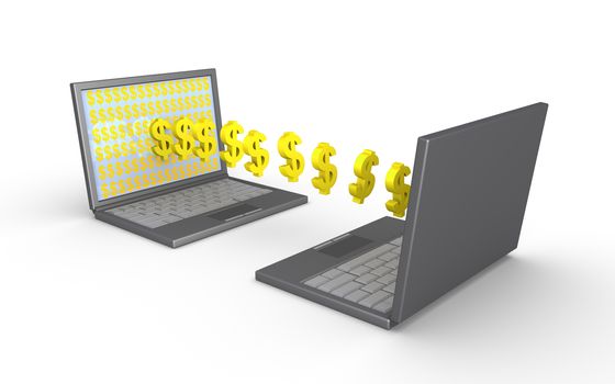 Two laptops and dollar symbols are going from one screen to the other