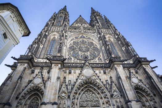 Front view of the St. Vitus cathedral in Prague Castle in Prague, Czech Republic