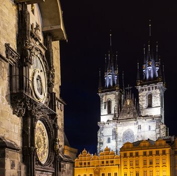 Prague Old Town, Astronomical clock, Tyn temple, old gothic and baroque buildings, square composition