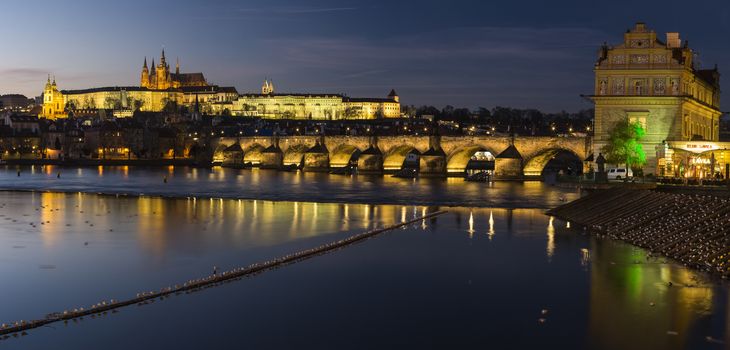 Cityscape of Prague with Castle and Charles Bridge at sunset, Czech Republic