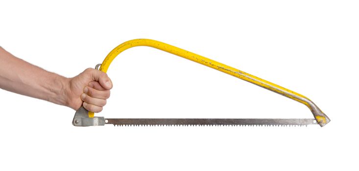 Working tools - Saw in a hand on a white background