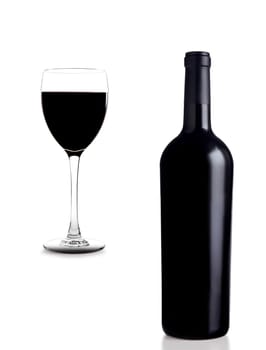 Glass and wine with bottle isolated over white background