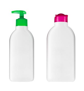 Plastic bottles with soap and shampoo
