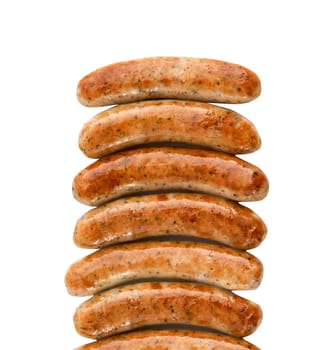 Roasted sausages on white background