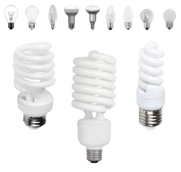 Different old types of bulbs and modern light-bulb isolated