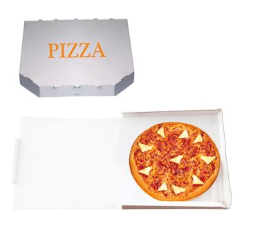 pizza in paper boxes on white background