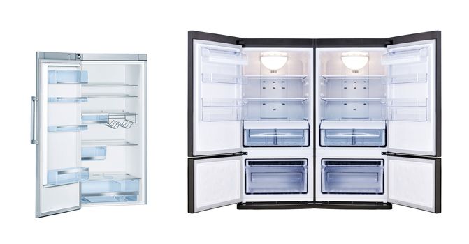 Refrigerators with open doors isolated