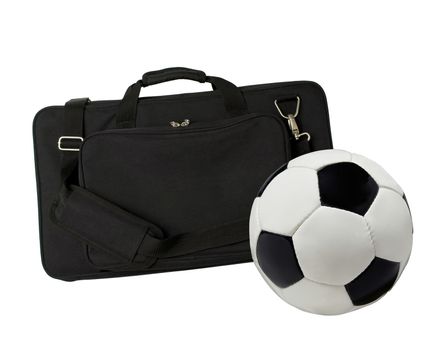 sport bag and football ball isolated on white