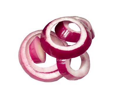 Sliced fresh red onion isolated on white background