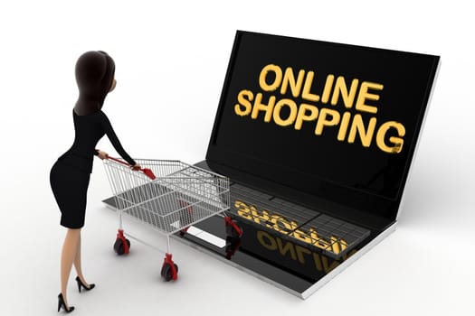 3d woman online shopping concept on white background, side angle view