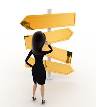 3d  woman looking at road sign board to find direction concept on white background, front angle view