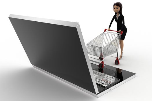 3d woman online shopping concept on white background, side angle view