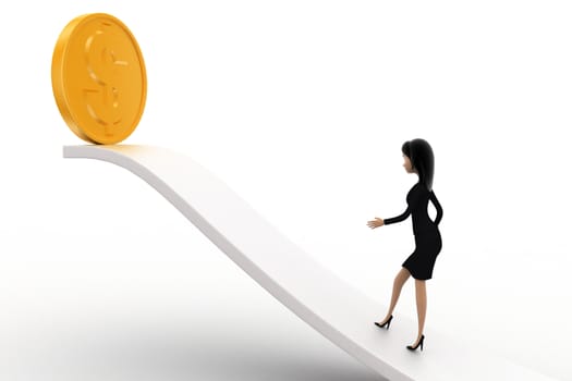 3d woman walking on arrow with dollar concept on white background, side angle view