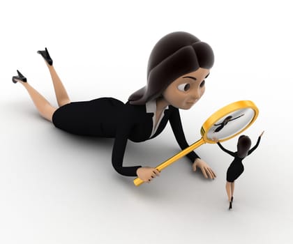 3d woman looking through magnifying glass small woman concept on white background, side angle view