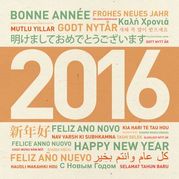 Happy new year from the world. Different languages celebration vintage card