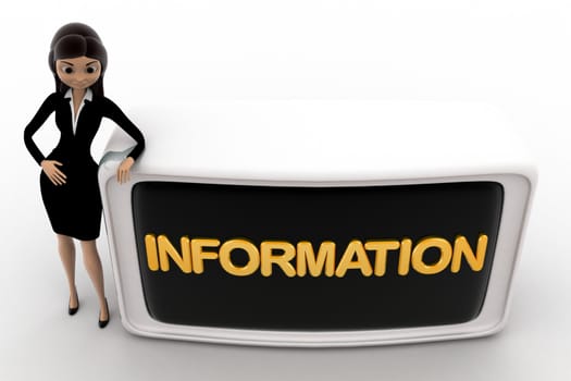 3d woman with information board concept on white background, top angle view