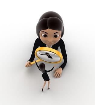 3d woman looking through magnifying glass small woman concept on white background, front angle view