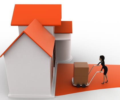 3d woman drive handtruck with box into house concept on white background, side top angle view