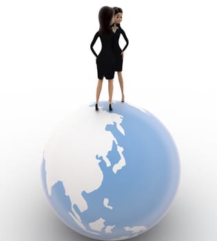 3d woman handshake on globe concept on white background,  side  angle view