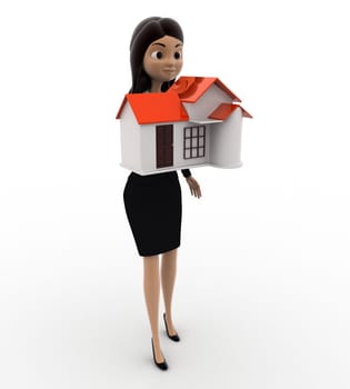 3d woman holding small house in hand concept on white background, side angle view