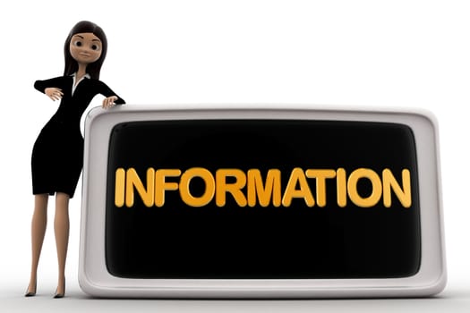 3d woman with information board concept on white background, front angle view