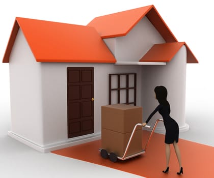 3d woman drive handtruck with box into house concept on white background, side angle view