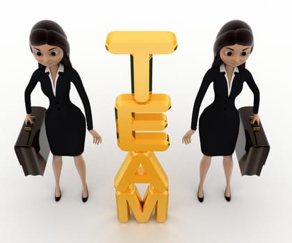 3d woman with vertical golden team text concept on white background, top angle view