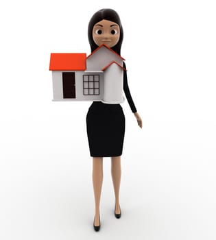 3d woman holding small house in hand concept on white background, front angle view