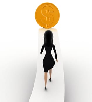 3d woman walking on arrow with dollar concept on white background, back angle view